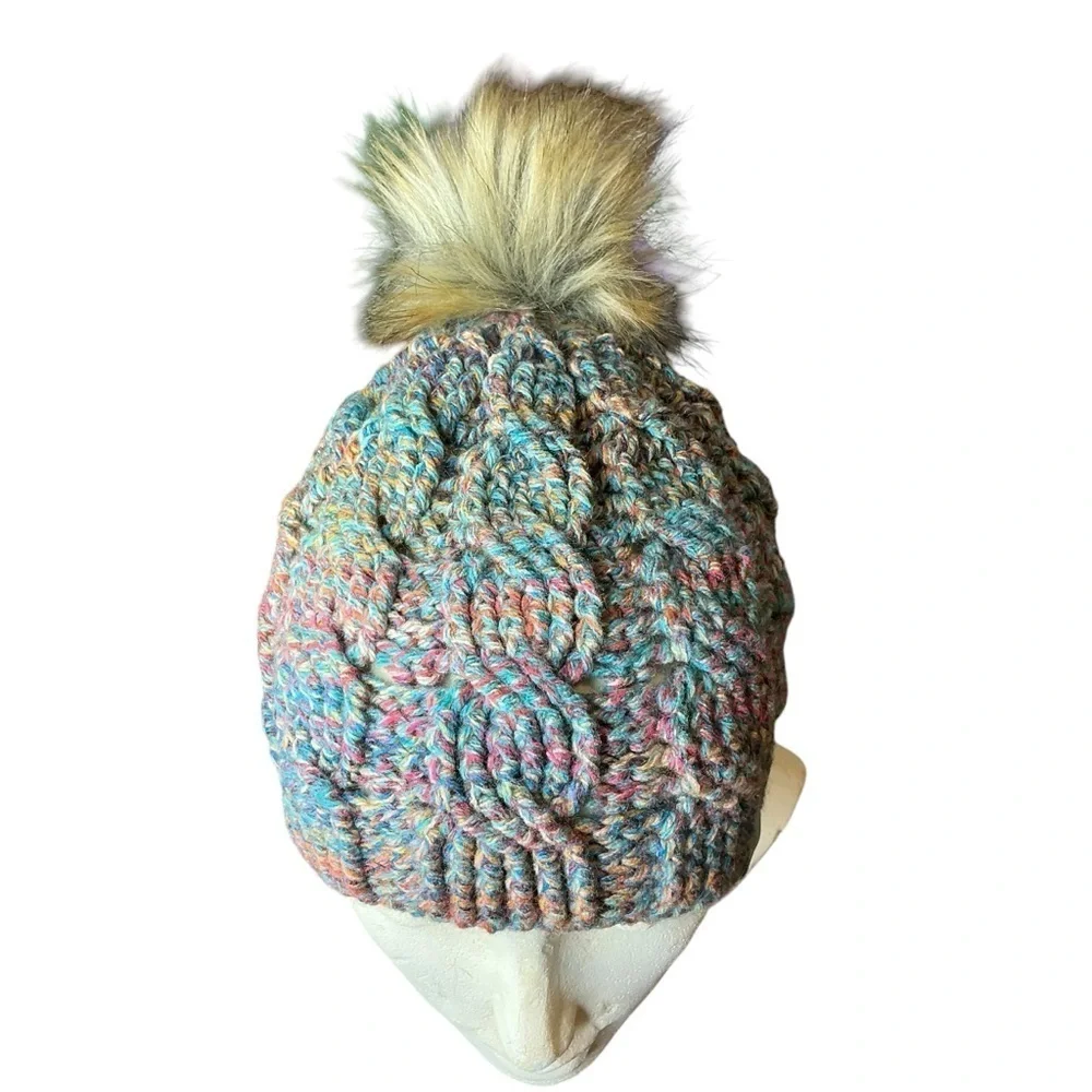 Cable Knit Crochet Beanie Hat Handcrafted With Faux Fur Pom Handmade Red Blue